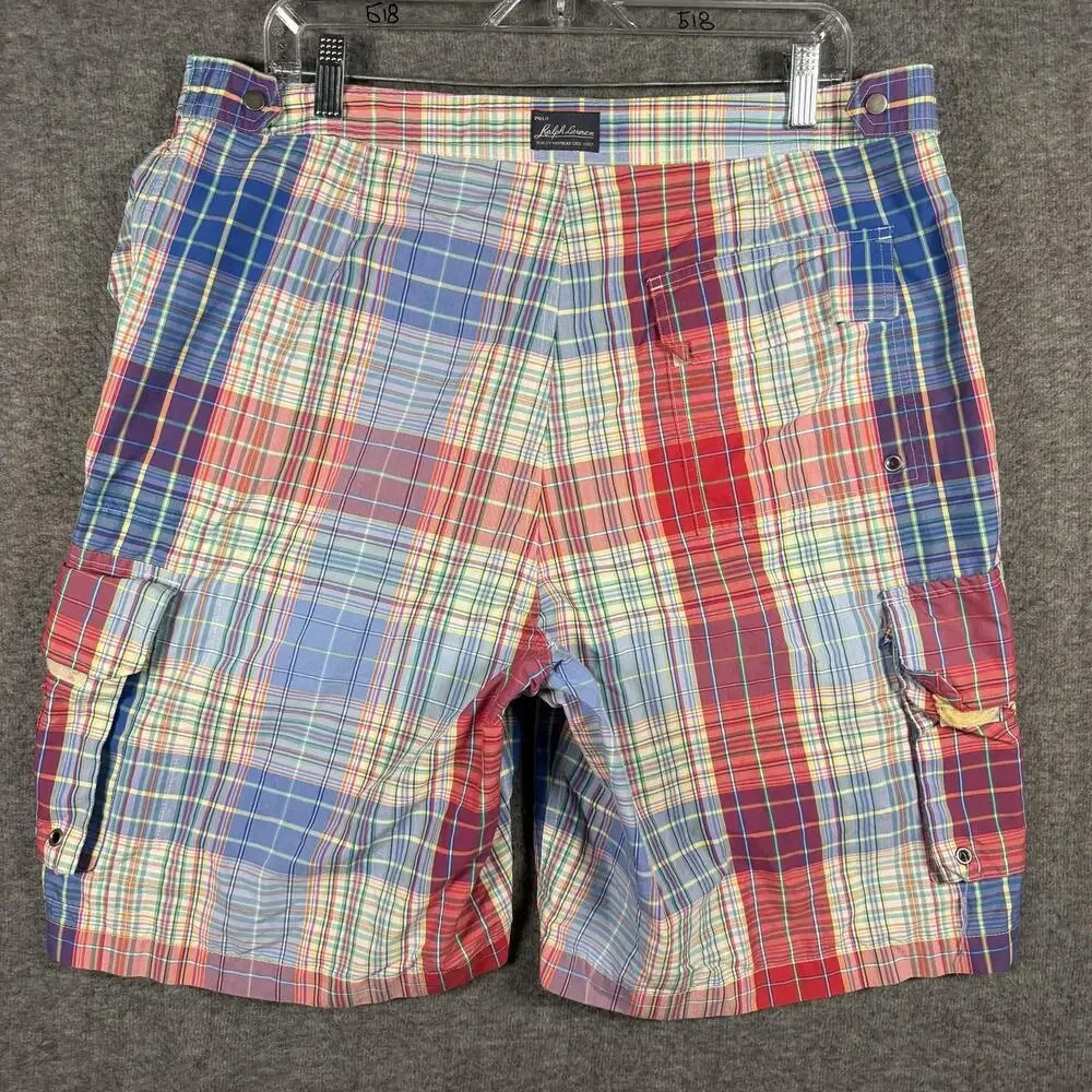 Polo Ralph Lauren Mens 36 Madras Plaid Cargo Board Shorts Swim Trunks Y2K Resort